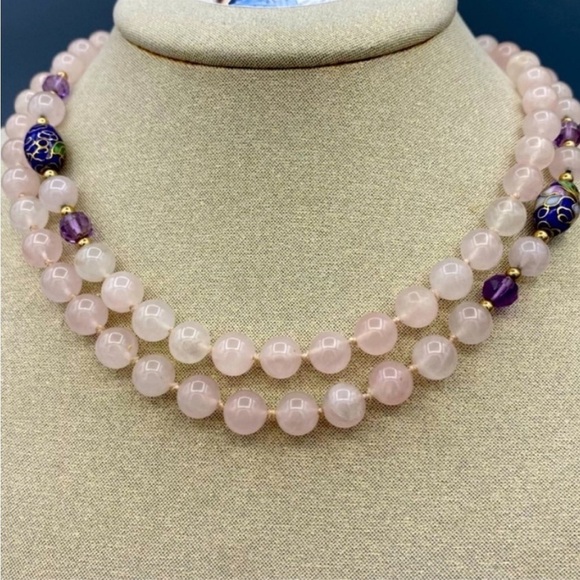 ROSE QUARTZ AND CLOISONNÉ BEADS 30” - Picture 1 of 7
